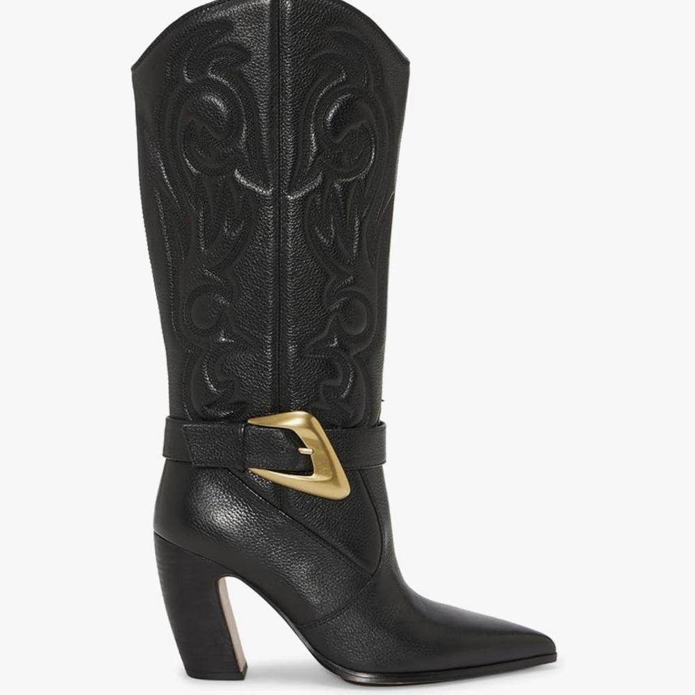 Elegant Black Heeled Boots with Gold Accent - Picture 2 of 10